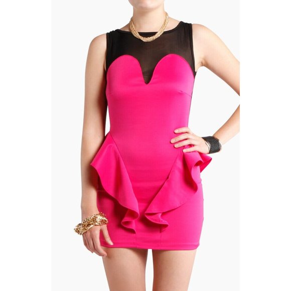 DailyLook Dresses & Skirts - Hot Pink Sheer Mesh Low Back Ruffle Peplum Dress S